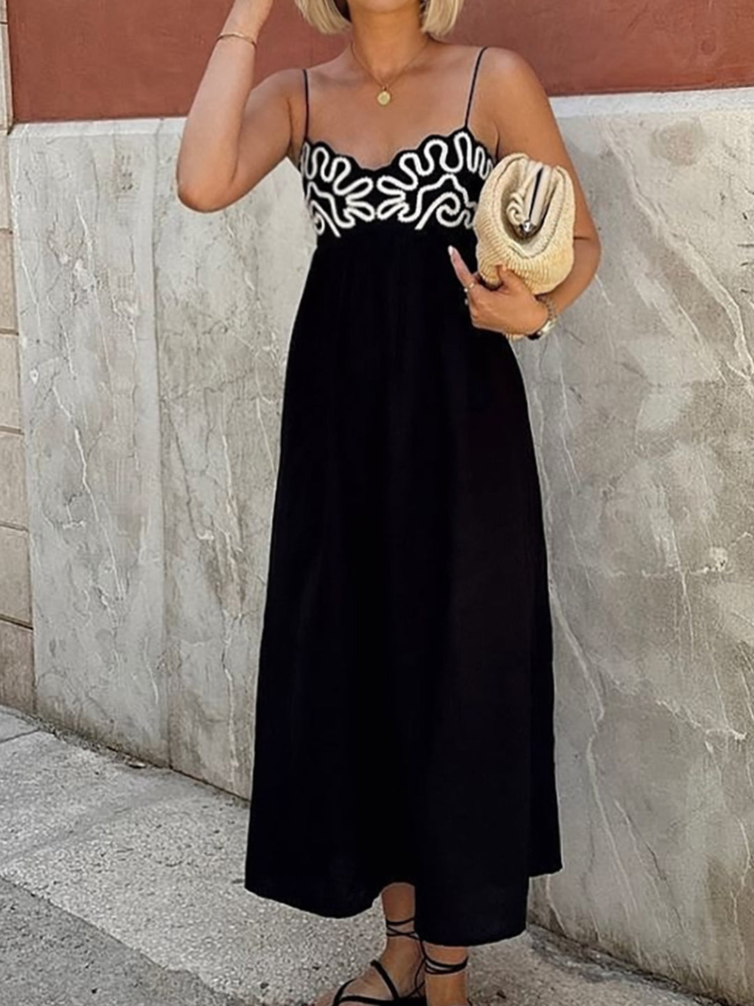 Embroidered Shirred Spaghetti Strap Long Dress  Liora Lane Boutique Dresses Black / XL 84.99
