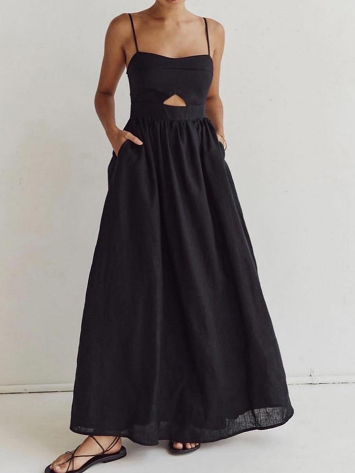 Cotton Sleeveless Pockets Cutout Long Dress  Liora Lane Boutique Dresses Black / XL 49.00