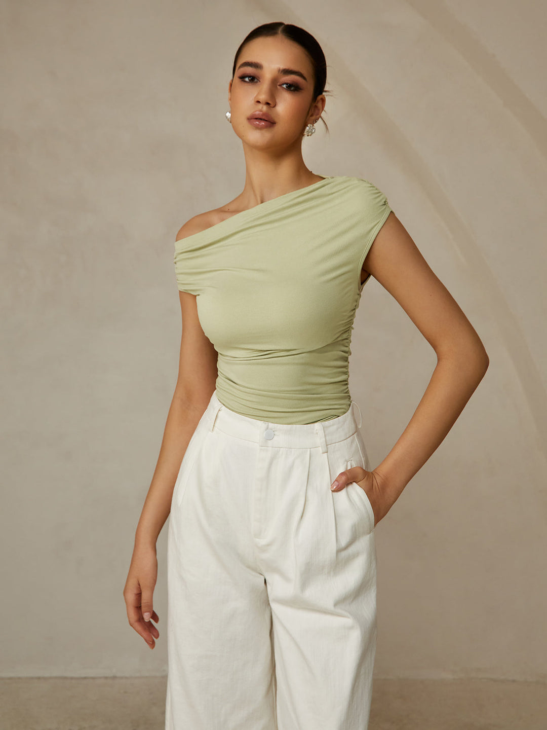 Asymmetrical Neck Sleeveless T-Shirt  Liora Lane Boutique T-Shirts LightGreen / XL 22.00