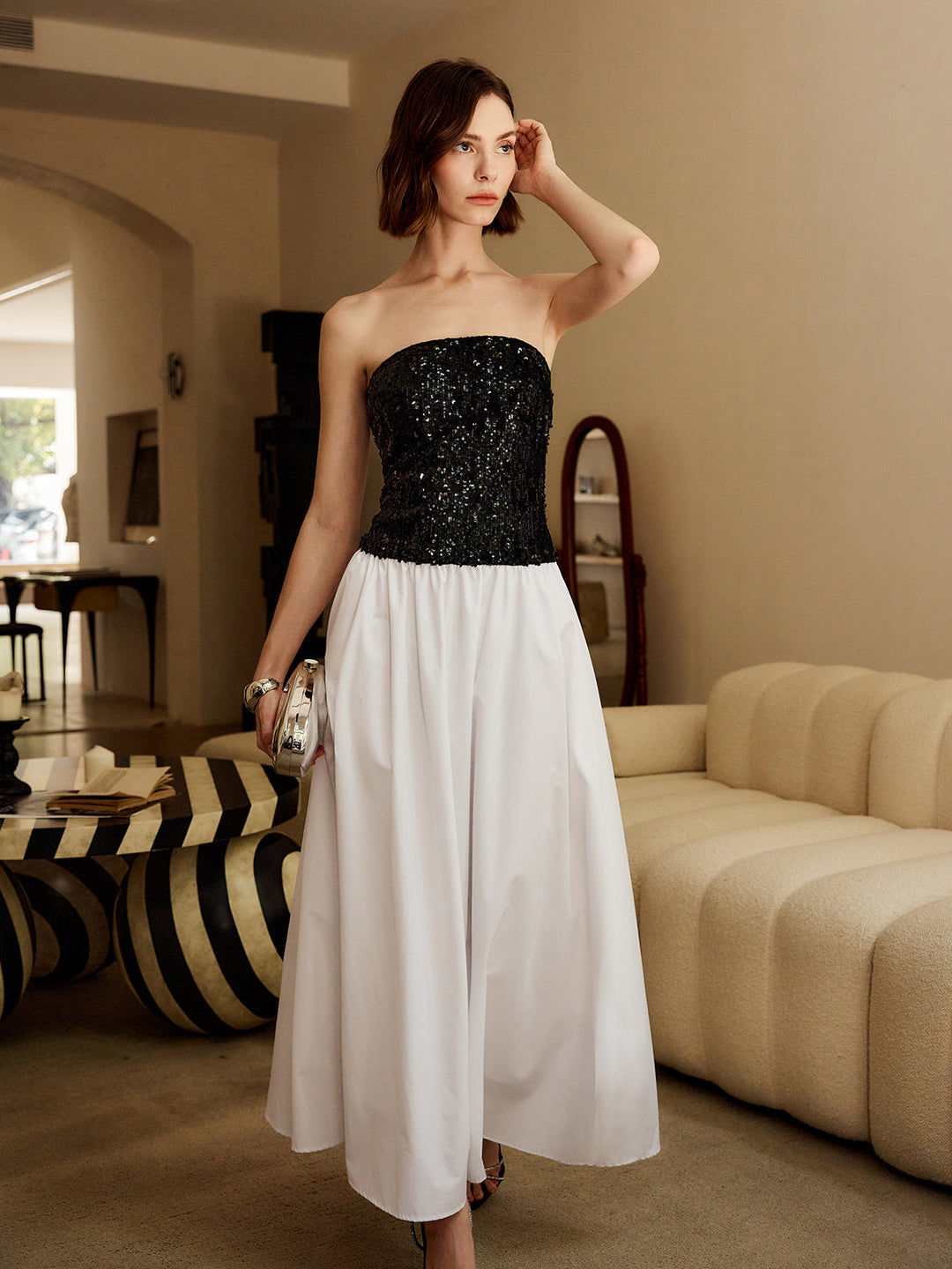 Pleated Sequins Tube Long Dress  Liora Lane Boutique Dresses BlackandWhite / XL 52.00
