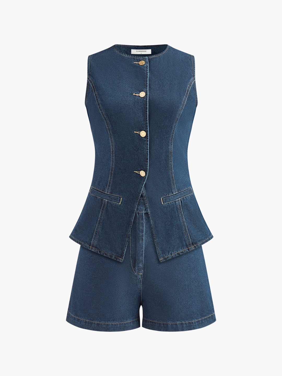 Denim Peplum Vest With Shorts Set  Liora Lane Boutique Short Sets Blue / XL 68.00