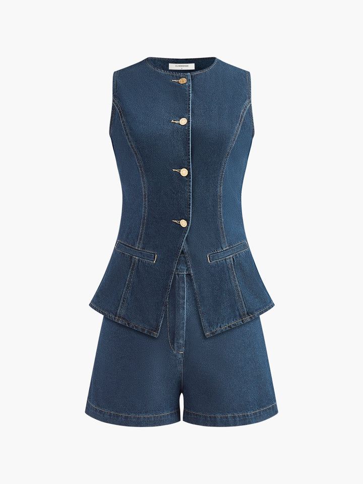 Denim Peplum Vest With Shorts Set  Liora Lane Boutique Short Sets Blue / XL 68.00