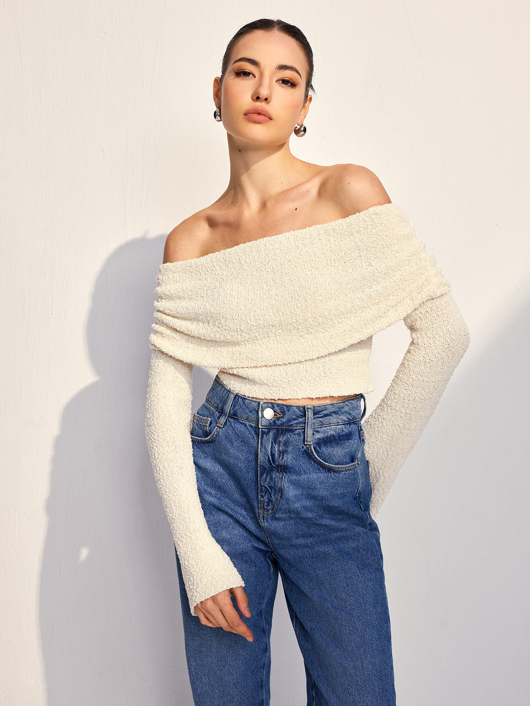 Off Shoulder Plain Knit Top  Liora Lane Boutique Knit Tops Off-White / XL 99.99