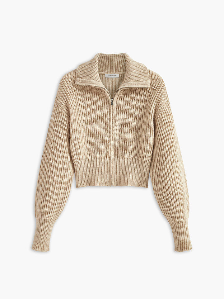 Ribbed Zipper Lapel Cardigan  Liora Lane Boutique Cardigans Khaki / XL 39.00