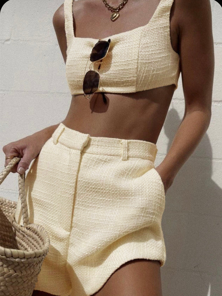 Tweed Backless Plain Shorts Set  Liora Lane Boutique Short Sets Off-White / XL 38.00