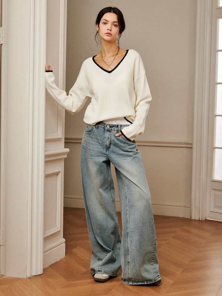 Embroidered Trim Draped Shoulder Knit Top  Liora Lane Boutique Knit Tops Off-White / XL 38.00