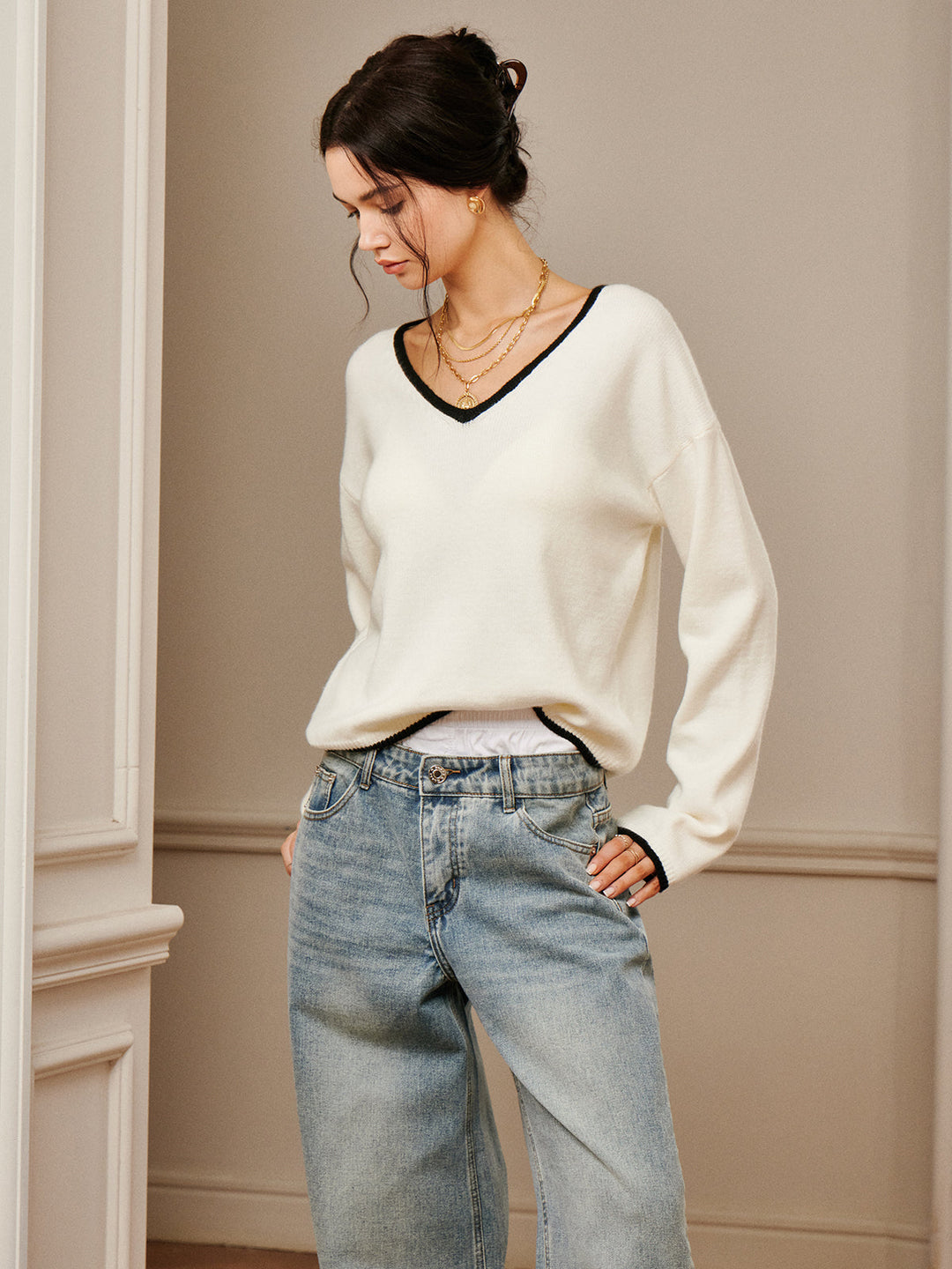 Embroidered Trim Draped Shoulder Knit Top  Liora Lane Boutique Knit Tops