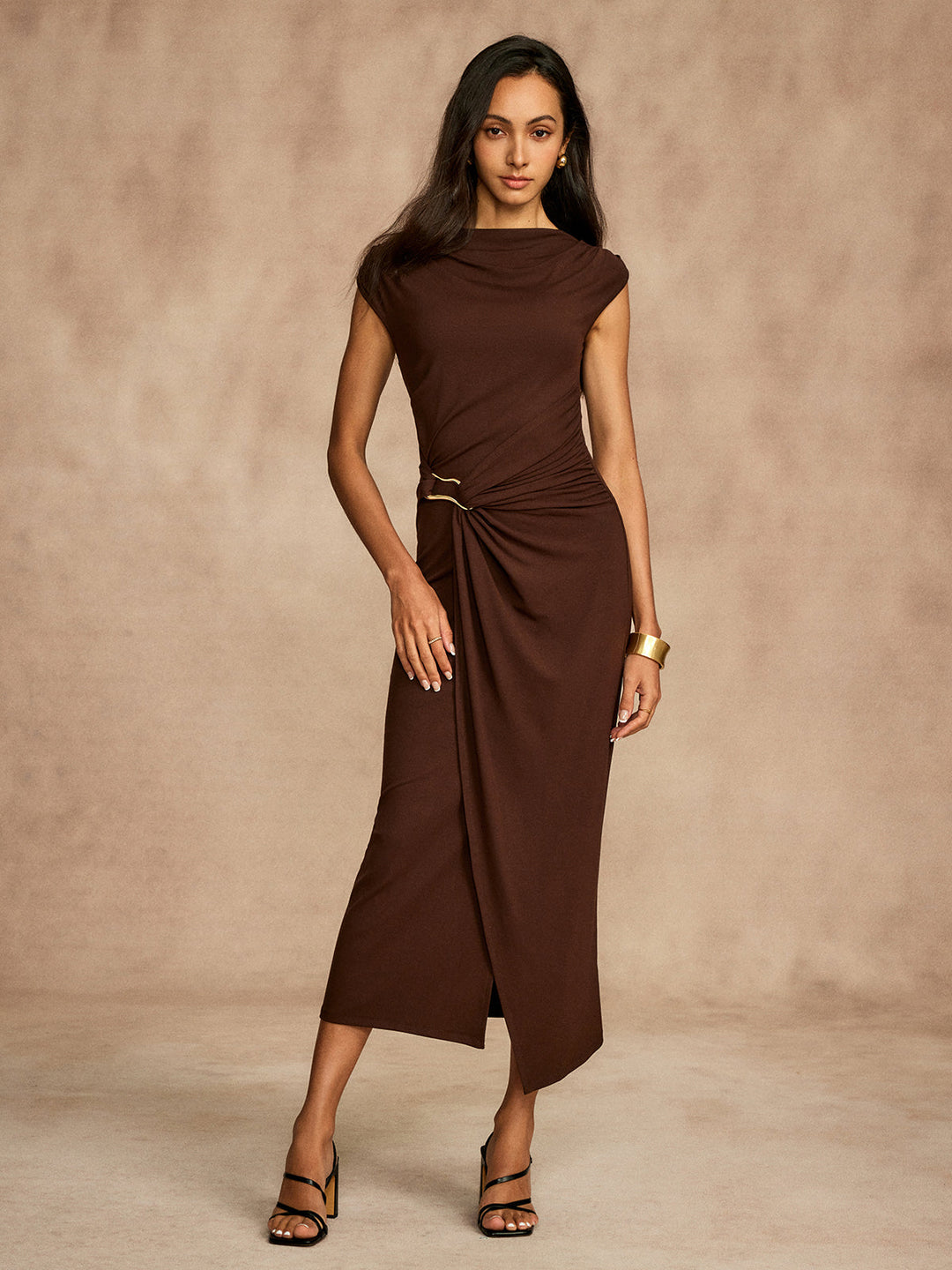 Pure Cotton Cap Sleeve Draped Dress  Liora Lane Boutique Dresses Brown / XL 46.00