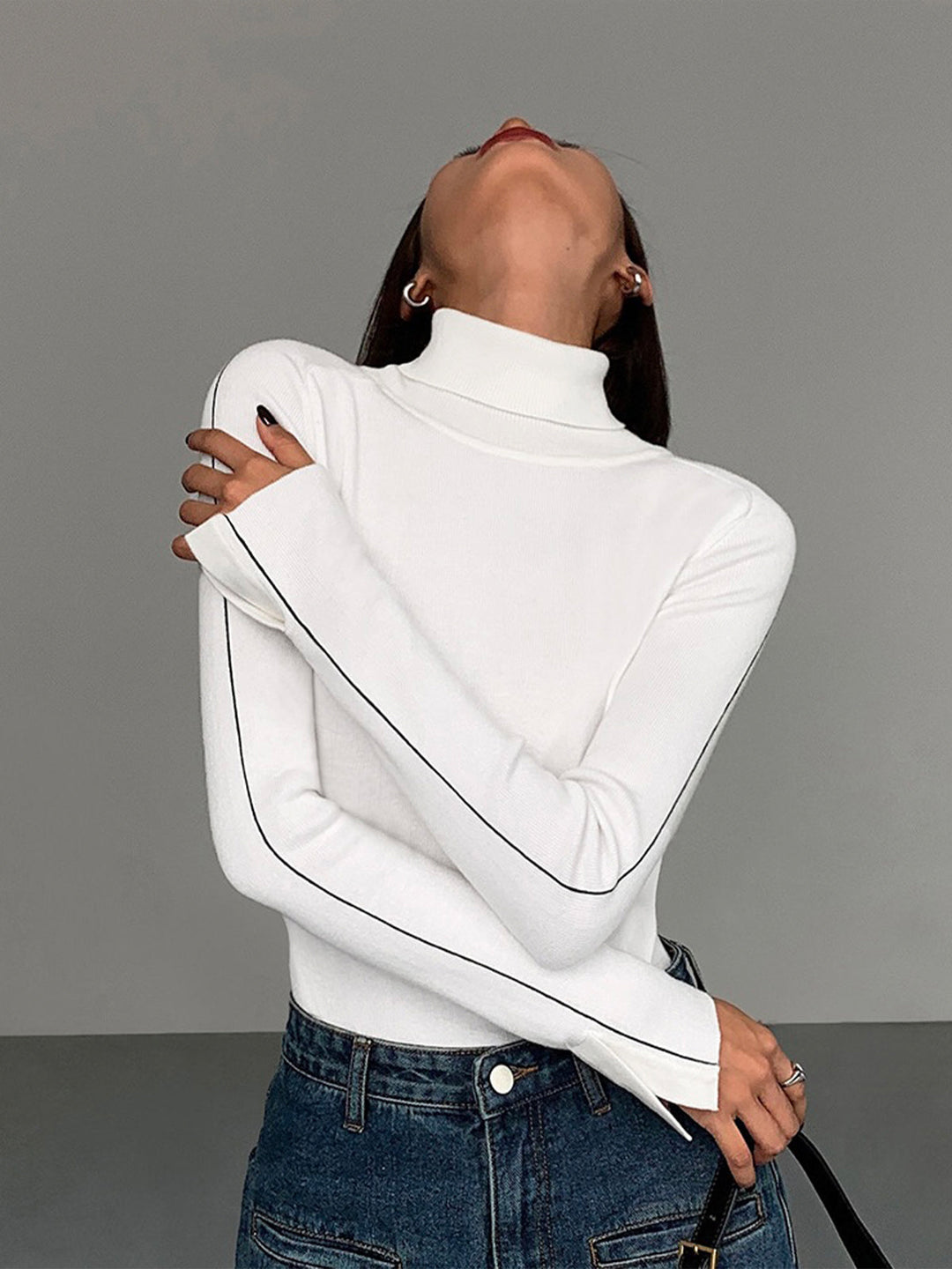 Contrast Piping Turtleneck Sweater  Liora Lane Boutique Sweaters White / XL 39.00