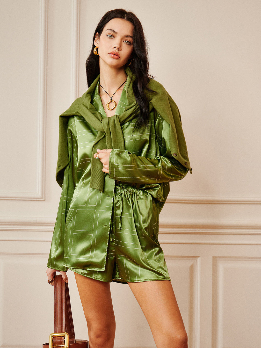Satin Drawstring Shorts Set  Liora Lane Boutique Short Sets Green / XL 42.00