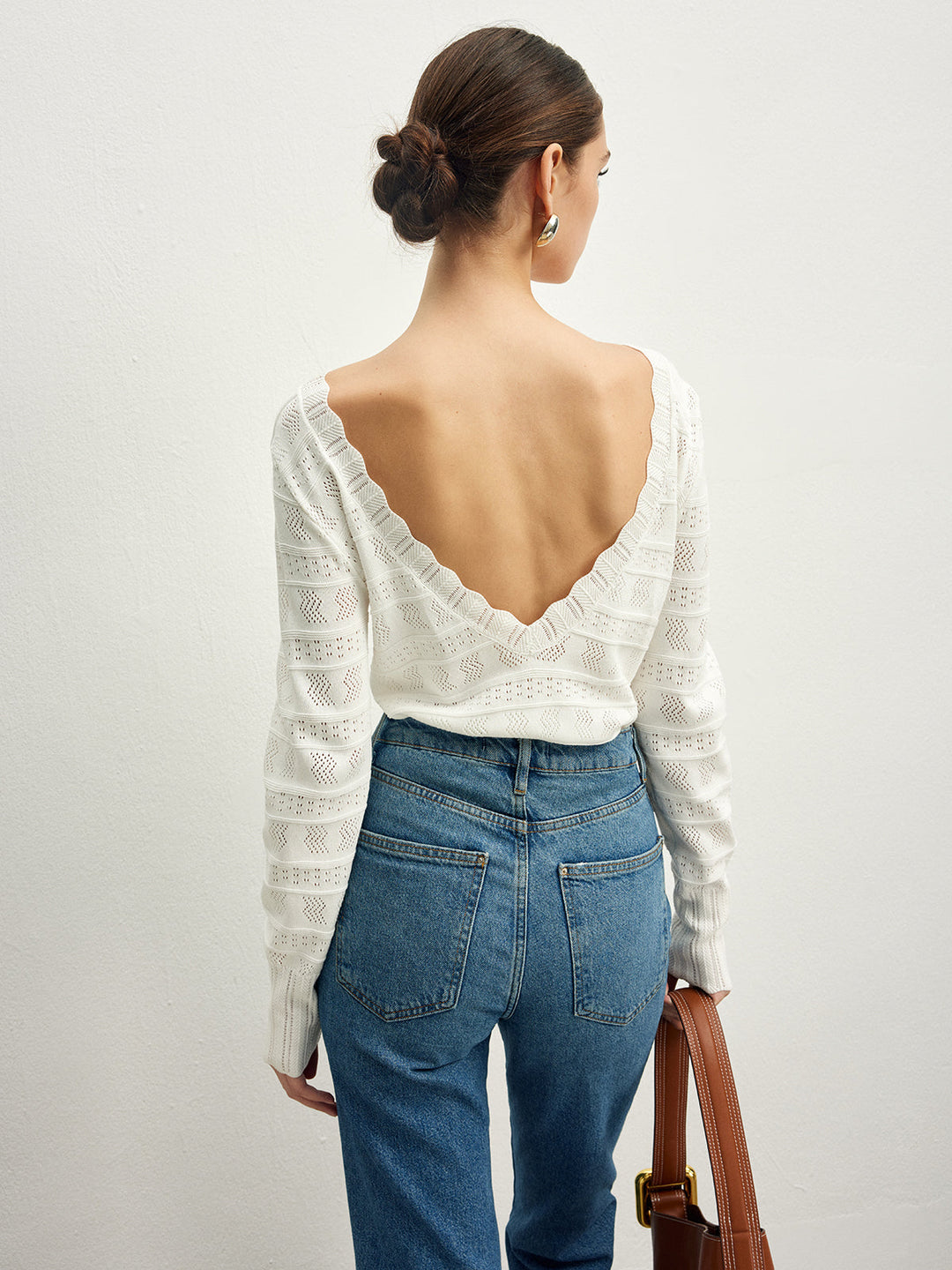 Lettuce Trim Backless Pointelle Knit Top  Liora Lane Boutique Knit Tops White / XL 39.00
