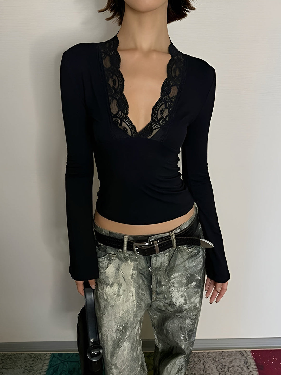 Lace Trim V-Neck T-Shirt  Liora Lane Boutique T-Shirts Black / XL 19.00