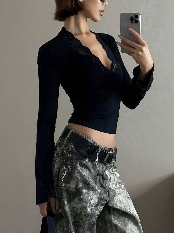 Lace Trim V-Neck T-Shirt  Liora Lane Boutique T-Shirts