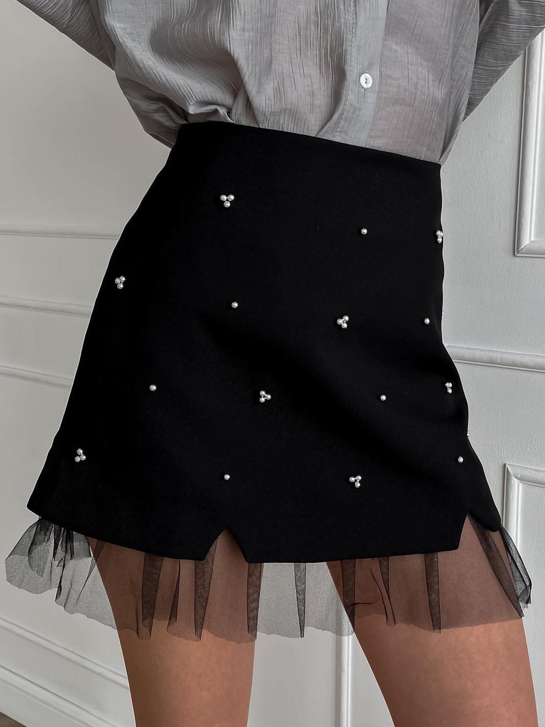 Beaded Tulle Trim A Line Skirt  Liora Lane Boutique Skirts Black / XL 32.00