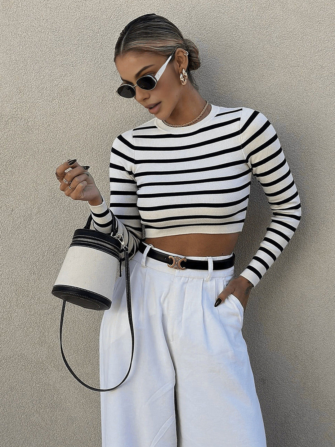 Striped Crop Bodycon Knit Top  Liora Lane Boutique Knit Tops White / XL 32.00