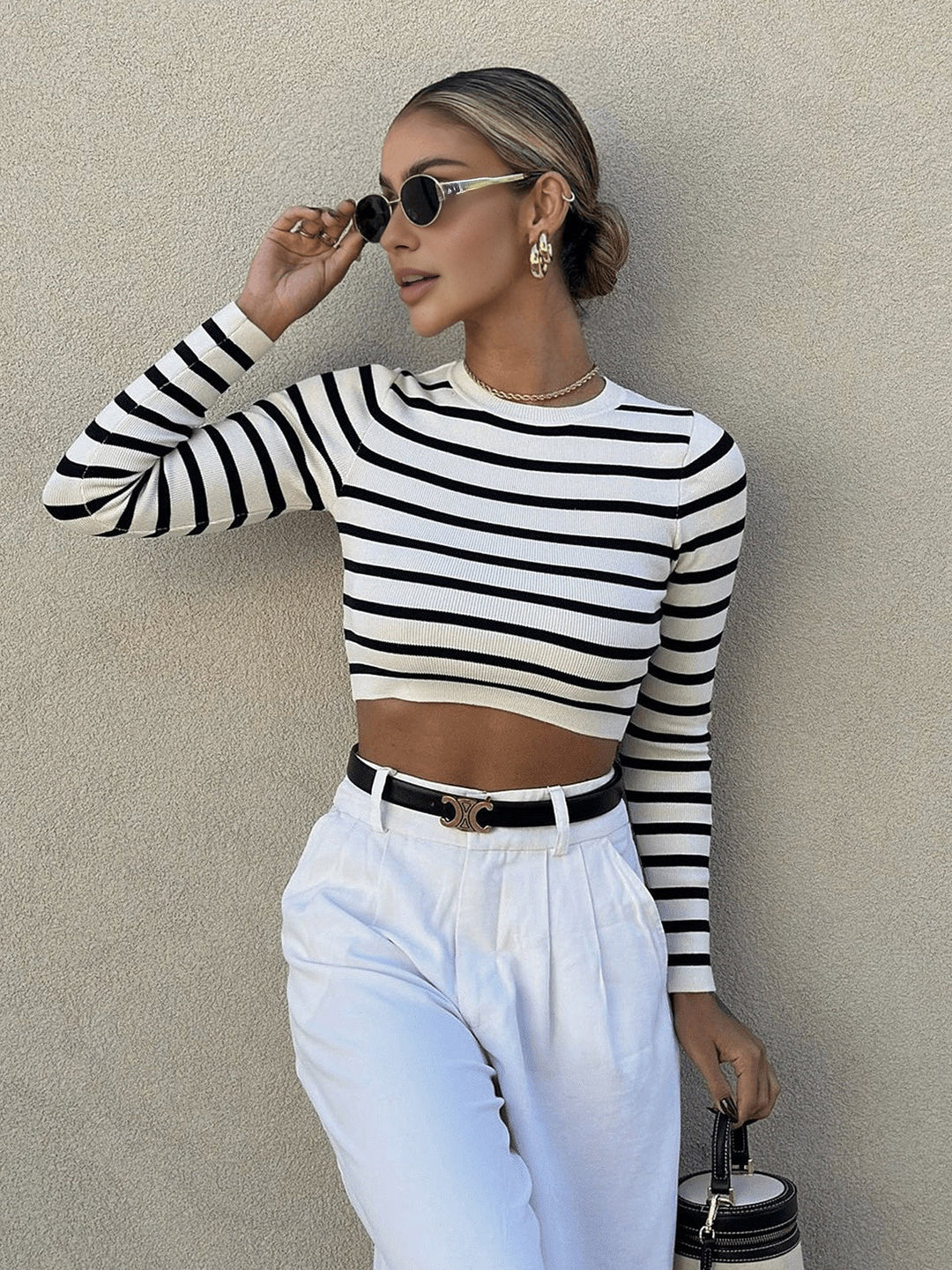 Striped Crop Bodycon Knit Top  Liora Lane Boutique Knit Tops