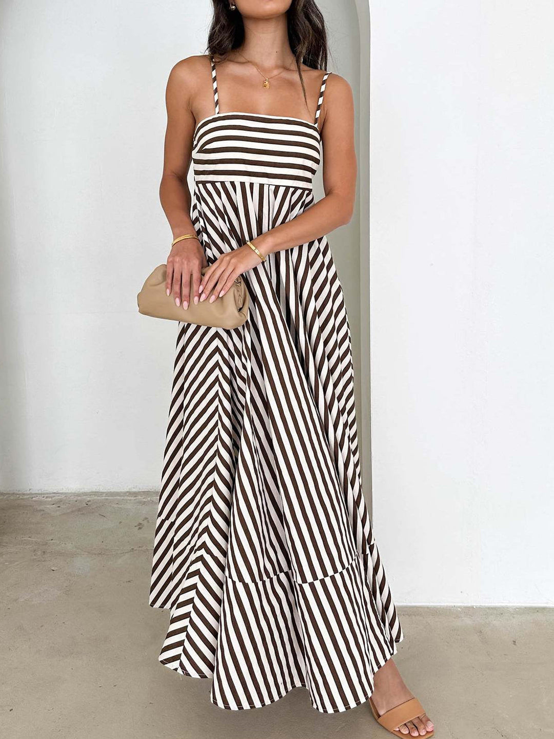 Striped Pleated Cami Long Dress  Liora Lane Boutique Dresses Light Brown / XL 44.00