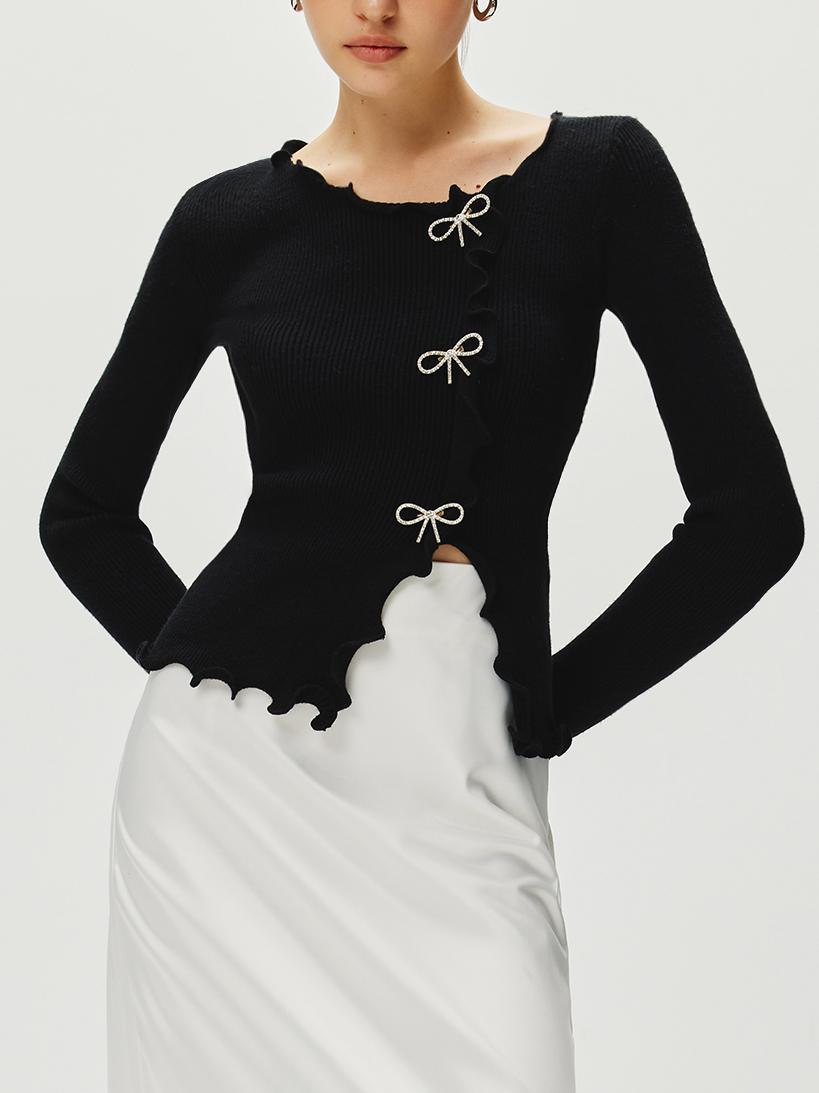 Rhinestone Bow Lettuce Trim Sweater  Liora Lane Boutique Sweaters Black / XL 38.00