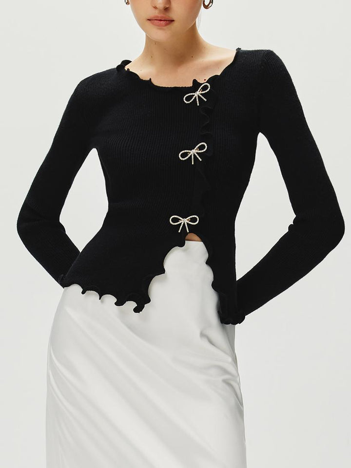 Rhinestone Bow Lettuce Trim Sweater  Liora Lane Boutique Sweaters Black / XL 38.00