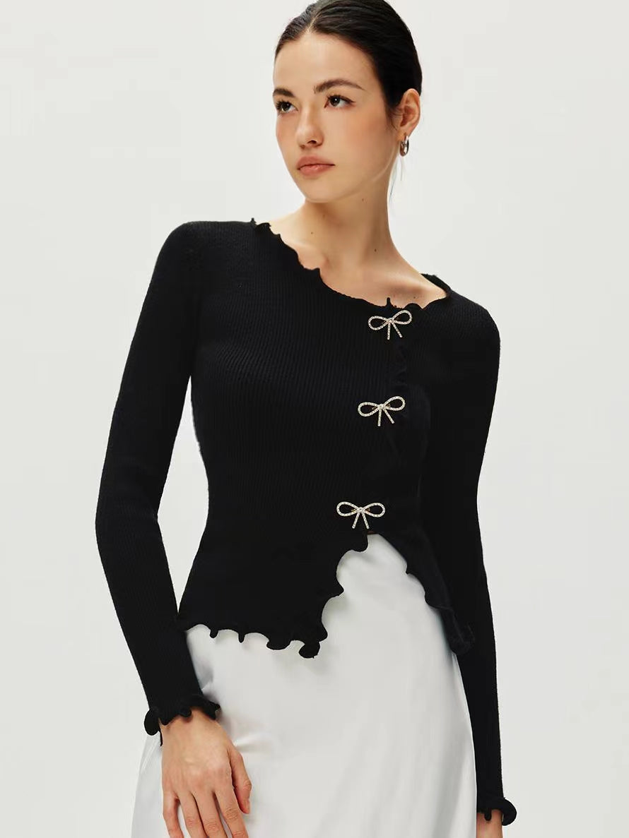 Rhinestone Bow Lettuce Trim Sweater  Liora Lane Boutique Sweaters