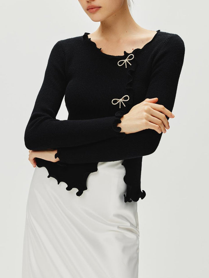 Rhinestone Bow Lettuce Trim Sweater  Liora Lane Boutique Sweaters