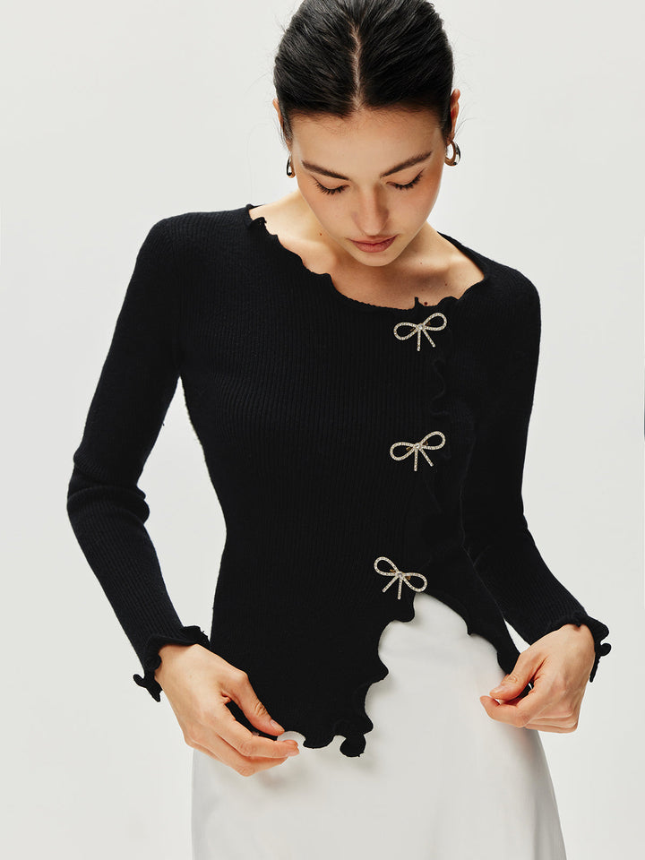 Rhinestone Bow Lettuce Trim Sweater  Liora Lane Boutique Sweaters