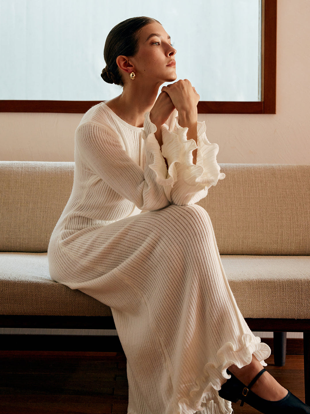 Semi-Sheer Piping Ruffle Drawstring Knit Dress  Liora Lane Boutique Knit Dresses White / XL 137.99