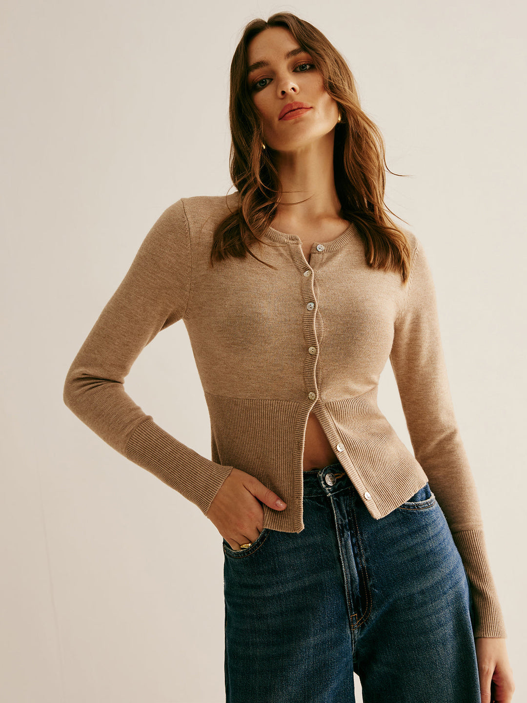 Plain Paneled Button Slim Cardigan  Liora Lane Boutique Cardigans Khaki / XL 36.00