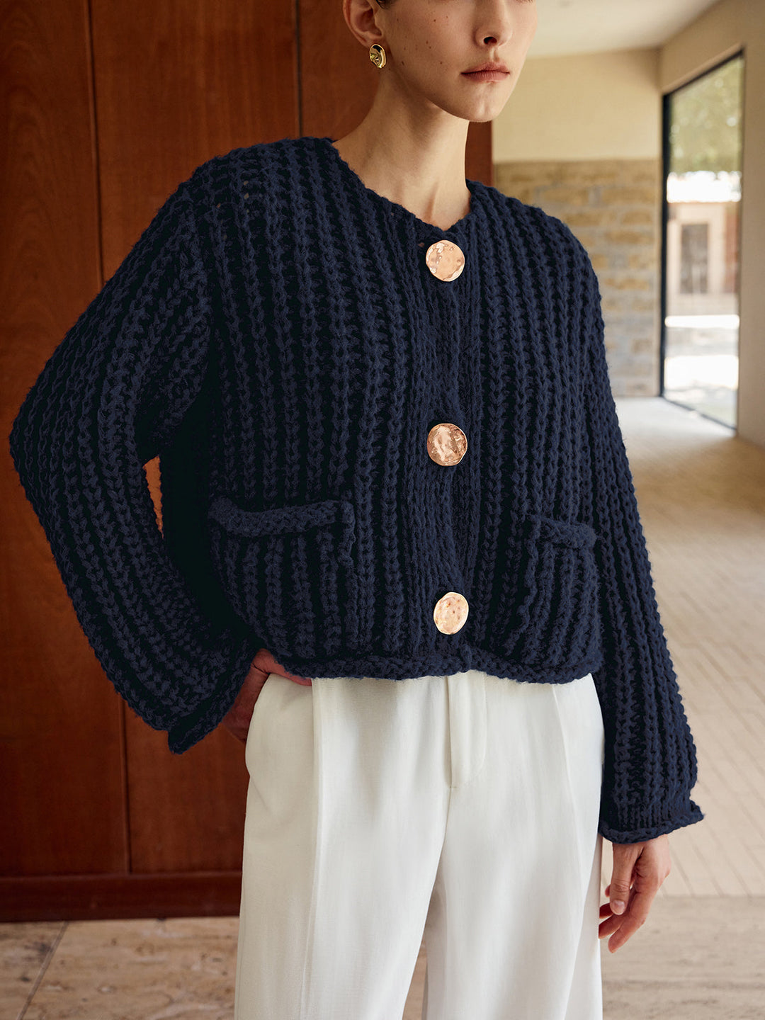 Plain Button Knit Cardigan  Liora Lane Boutique Cardigans Navy / XL 48.00