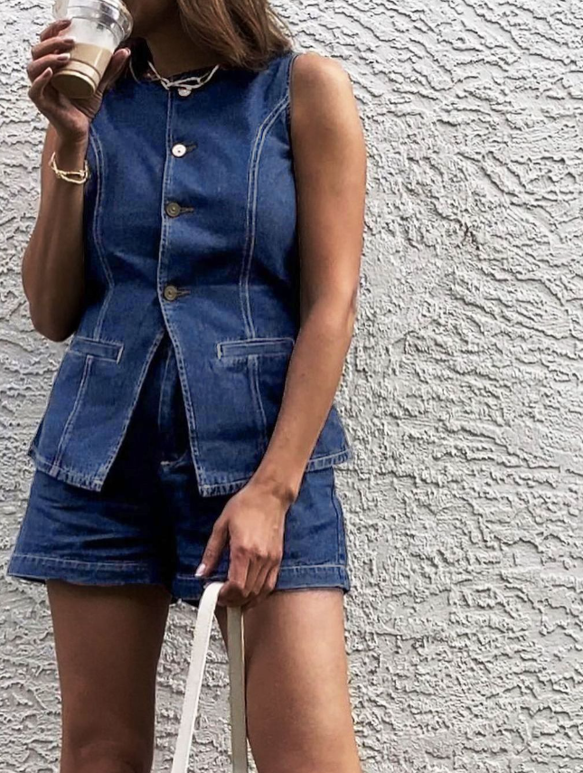 Denim Peplum Vest With Shorts Set  Liora Lane Boutique Short Sets