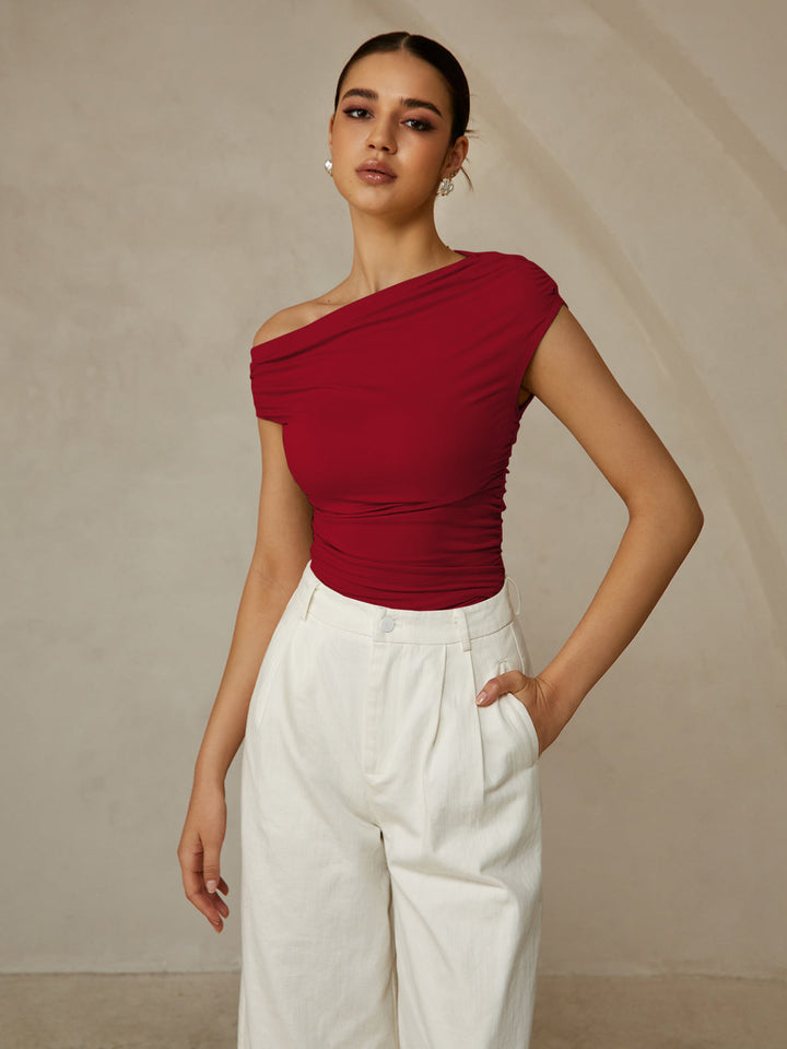 Asymmetrical Neck Sleeveless T-Shirt  Liora Lane Boutique T-Shirts Red / XL 22.00