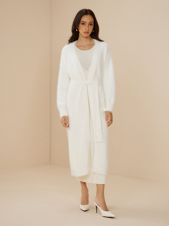 Elegant Fuzzy Plain Belted Cardigan  Liora Lane Boutique Cardigans