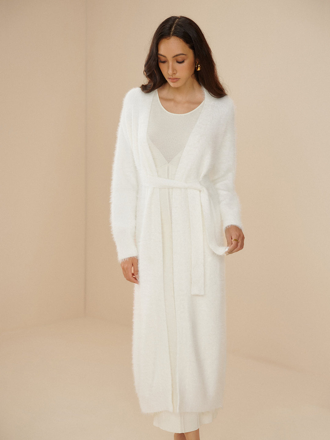 Elegant Fuzzy Plain Belted Cardigan  Liora Lane Boutique Cardigans