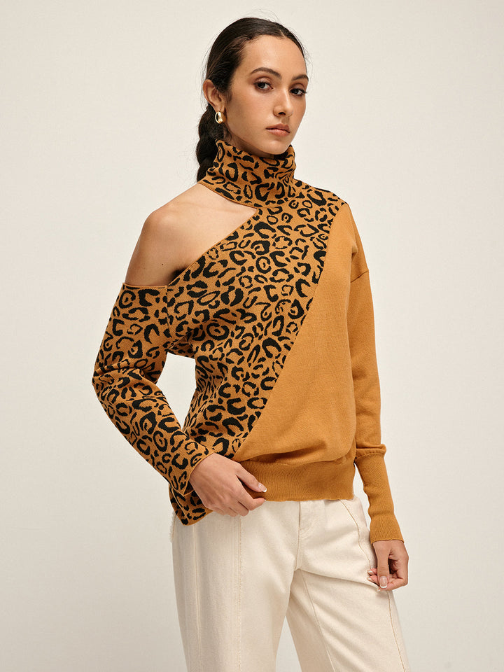 Turtleneck Cutout Leopard Patchwork Knit Top  Liora Lane Boutique Knit Tops