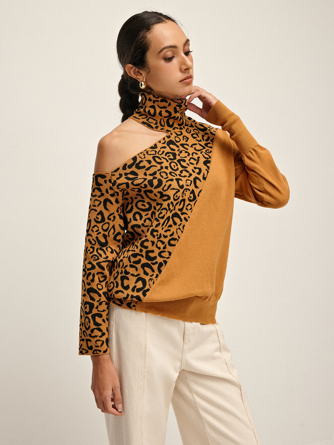 Turtleneck Cutout Leopard Patchwork Knit Top  Liora Lane Boutique Knit Tops