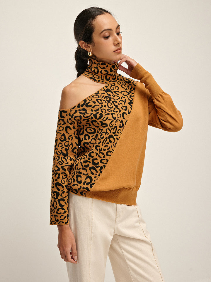Turtleneck Cutout Leopard Patchwork Knit Top  Liora Lane Boutique Knit Tops