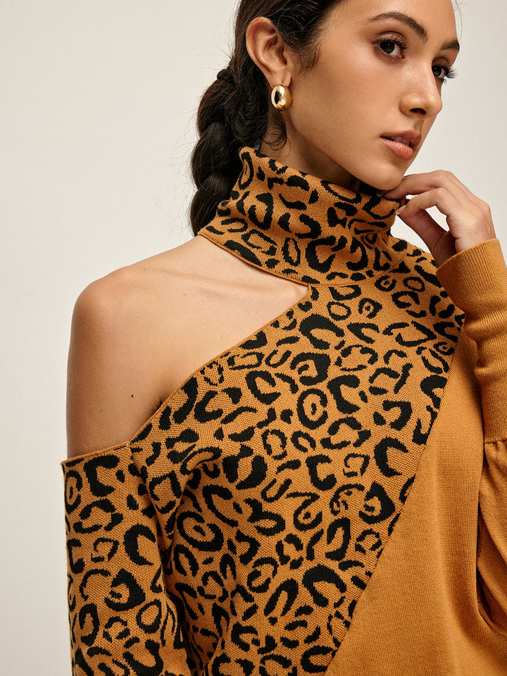 Turtleneck Cutout Leopard Patchwork Knit Top  Liora Lane Boutique Knit Tops