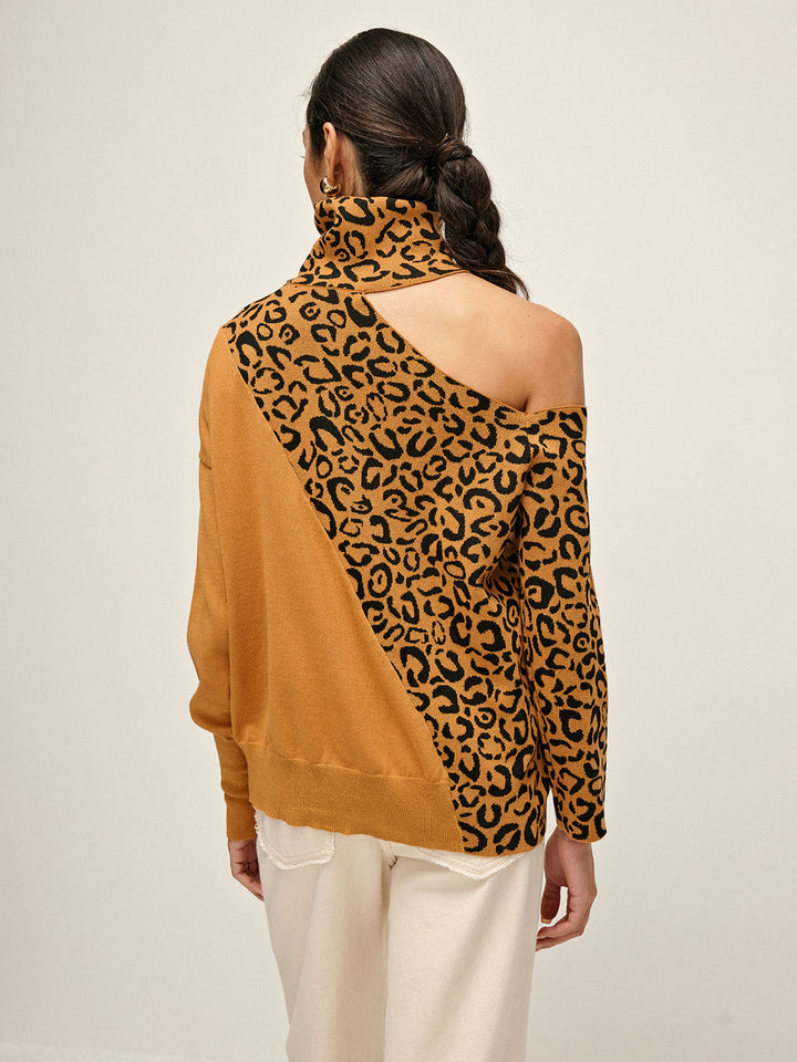 Turtleneck Cutout Leopard Patchwork Knit Top  Liora Lane Boutique Knit Tops Khaki / XL 99.99
