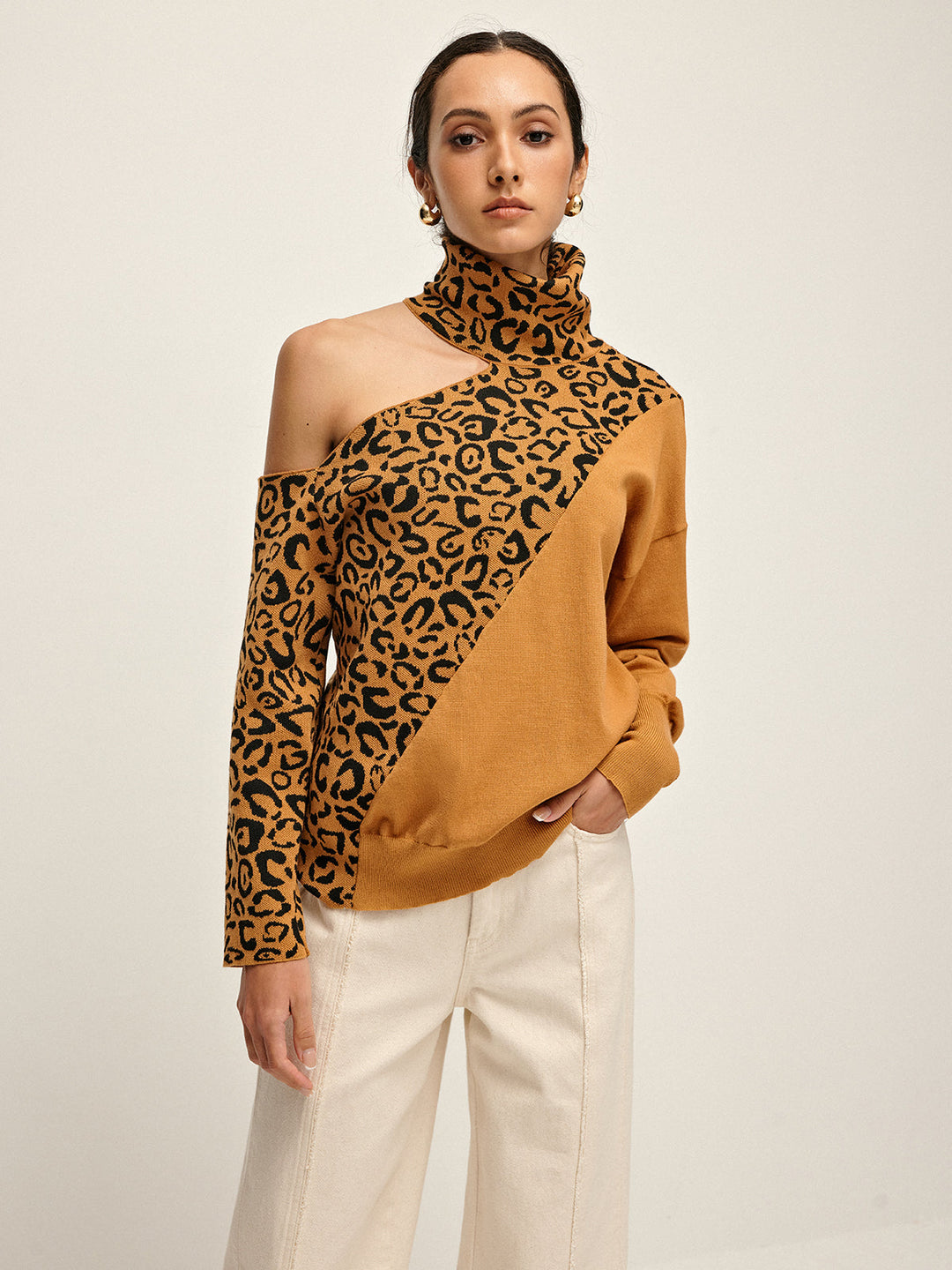 Turtleneck Cutout Leopard Patchwork Knit Top  Liora Lane Boutique Knit Tops