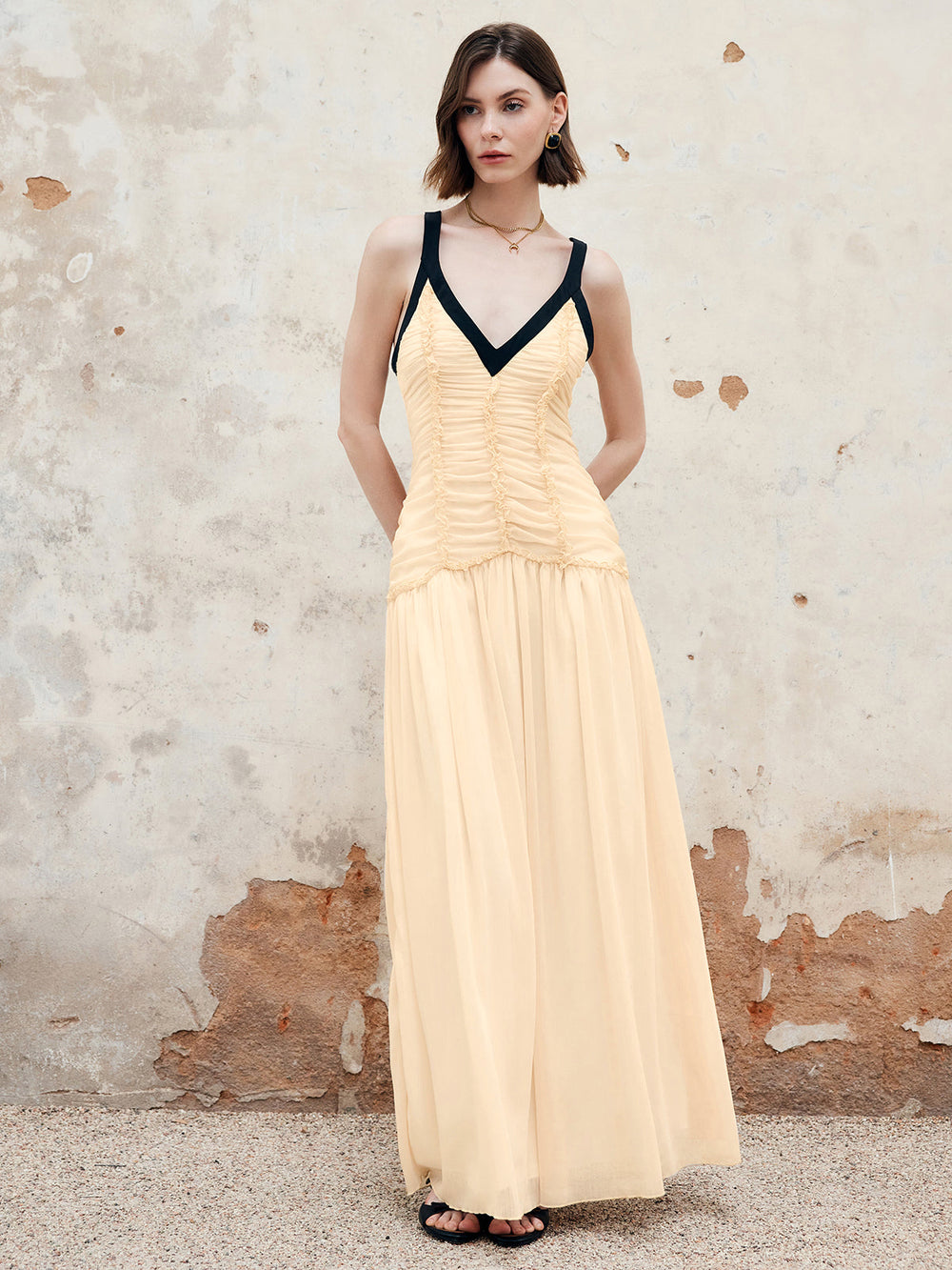 Contrast Binding Pleated Long Dress  Liora Lane Boutique Dresses