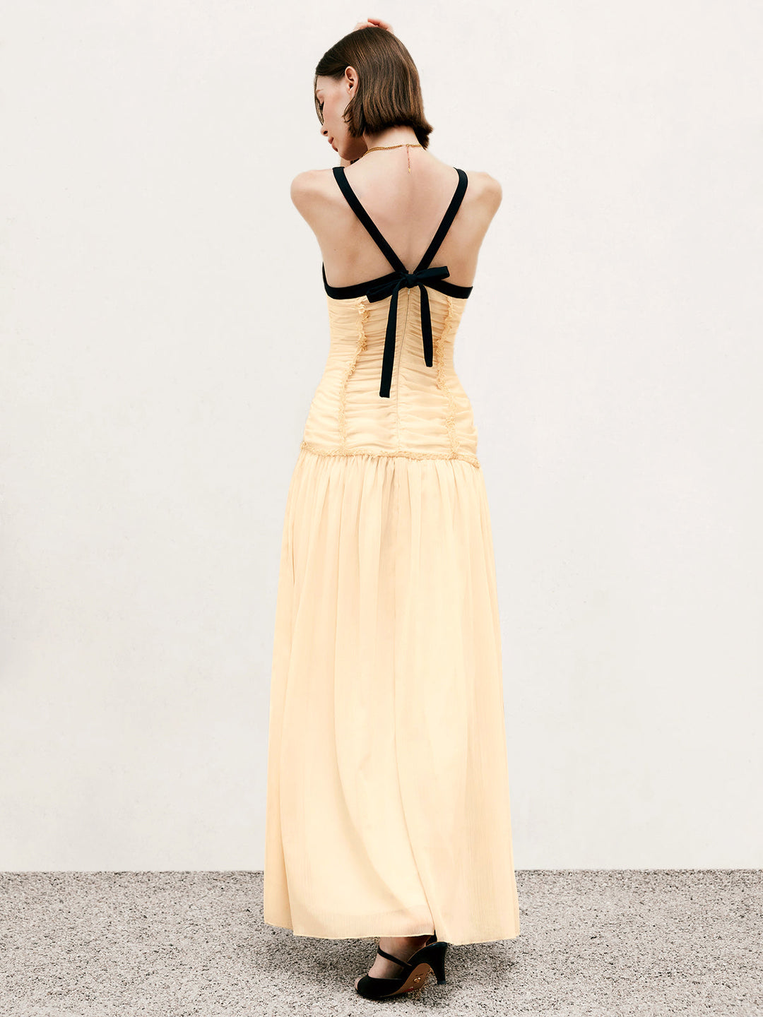 Contrast Binding Pleated Long Dress  Liora Lane Boutique Dresses Apricot / XL 44.99