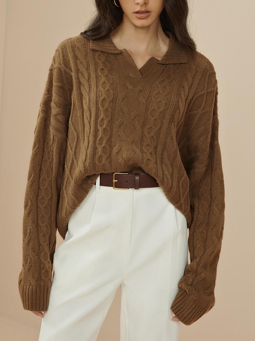 Oversized Lapel Cable Pullover Sweater  Liora Lane Boutique Sweaters Brown / XL 149.99