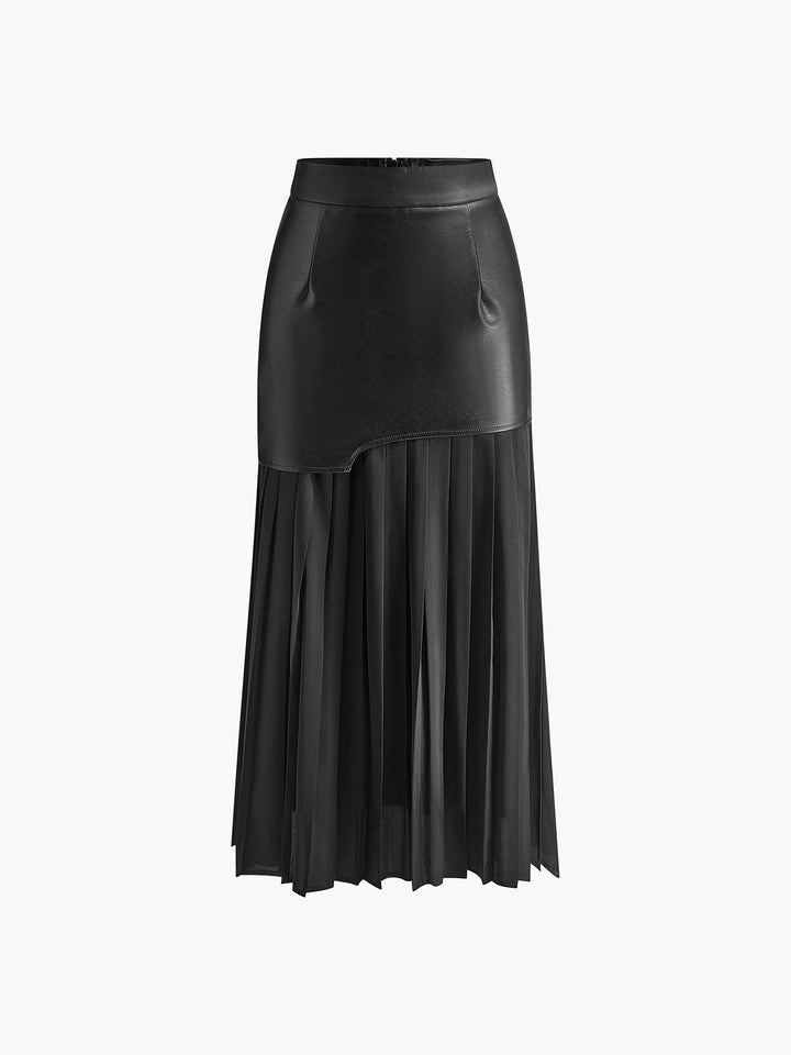 Asymmetric Patchwork Faux Leather Chiffon Pleated Maxi Skirt  Liora Lane Boutique Skirts