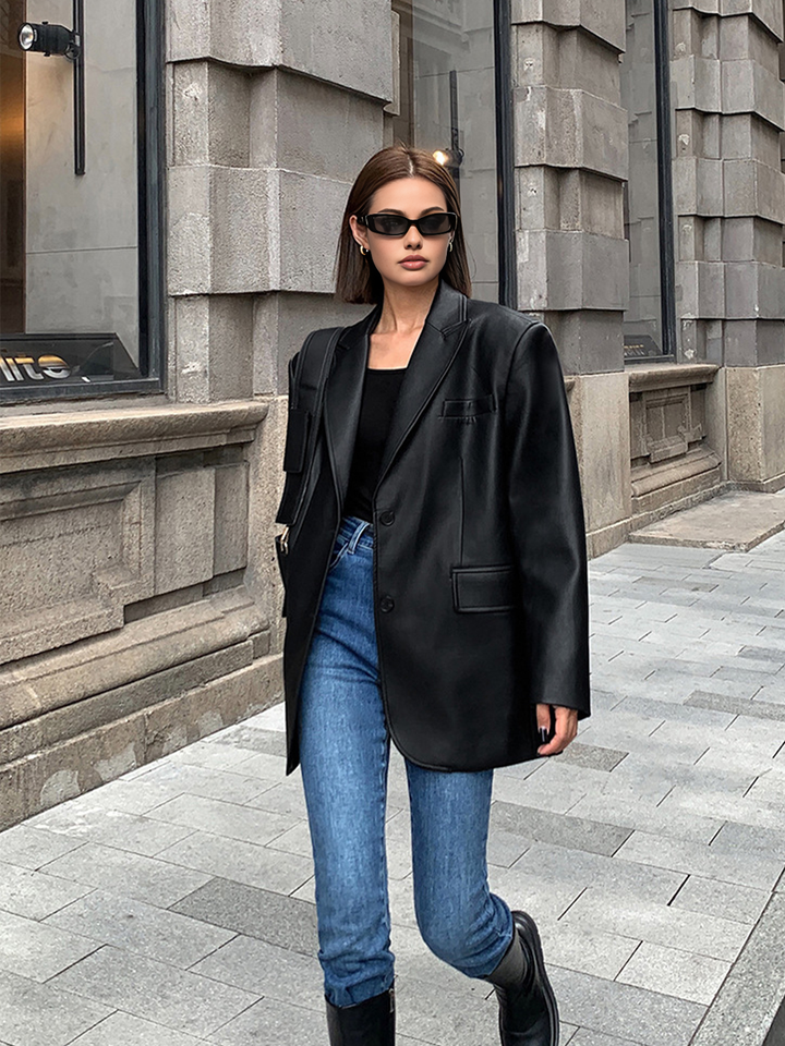 Lapel Pockets Leather Blazer  Liora Lane Boutique Blazers