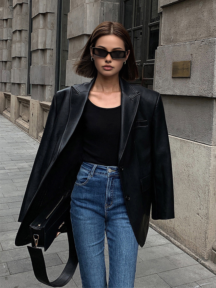 Lapel Pockets Leather Blazer  Liora Lane Boutique Blazers
