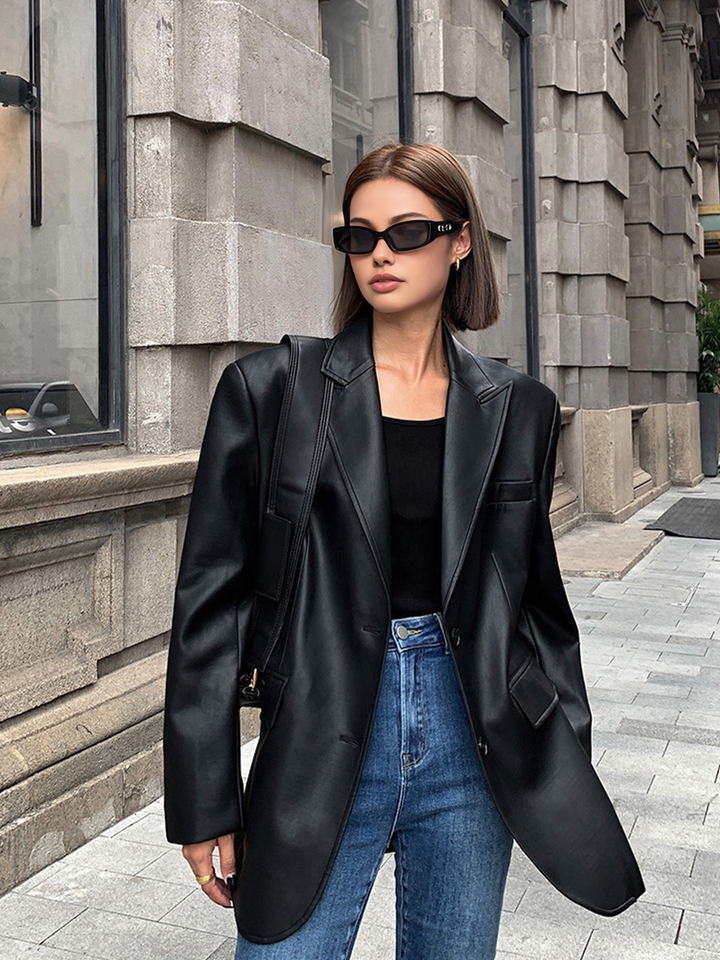 Lapel Pockets Leather Blazer  Liora Lane Boutique Blazers