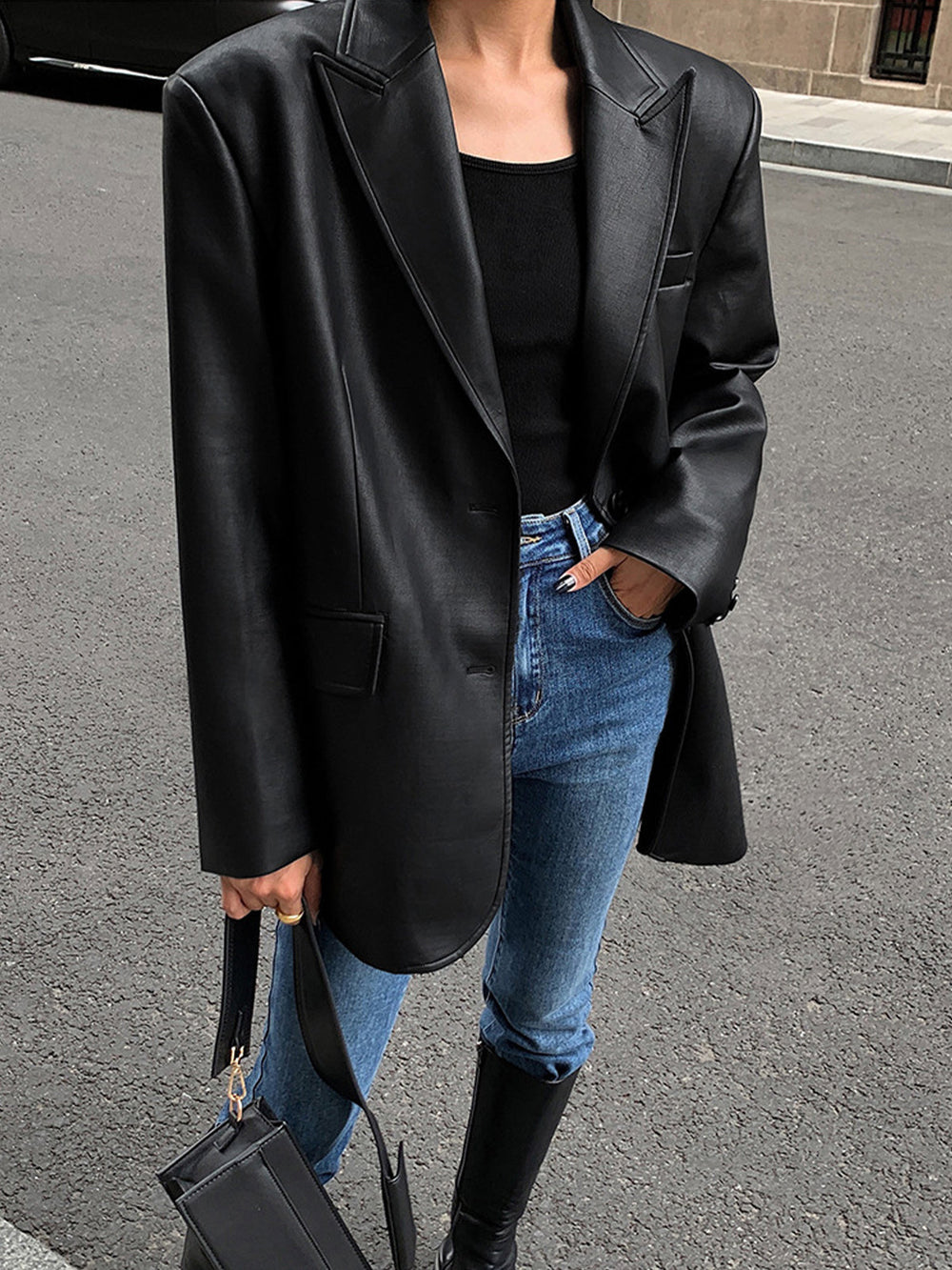 Lapel Pockets Leather Blazer  Liora Lane Boutique Blazers