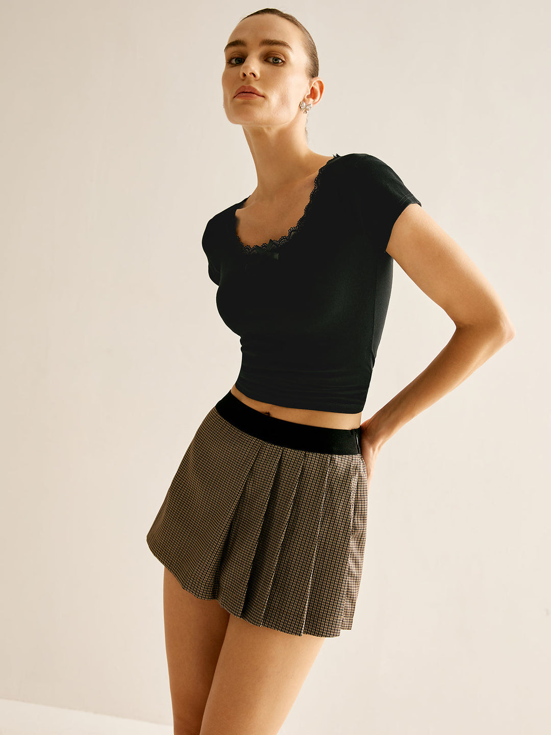 Patchwork Plaid Pleated Shorts  Liora Lane Boutique Shorts Dark Brown / L 32.00