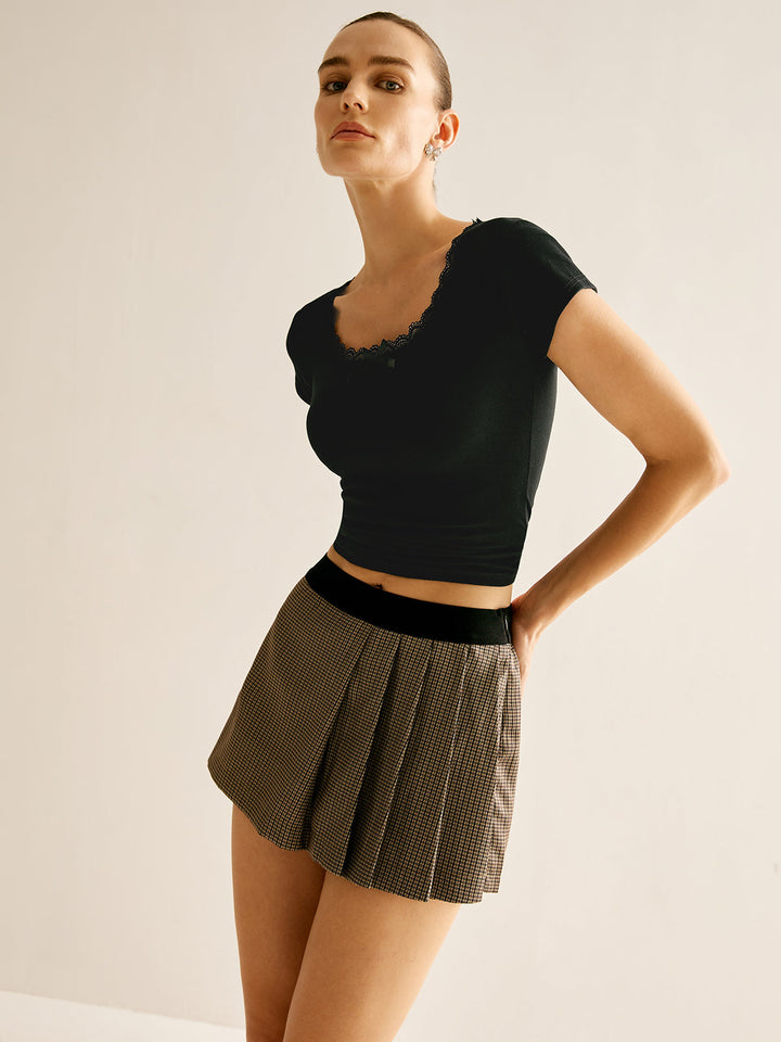 Patchwork Plaid Pleated Shorts  Liora Lane Boutique Shorts Dark Brown / L 32.00