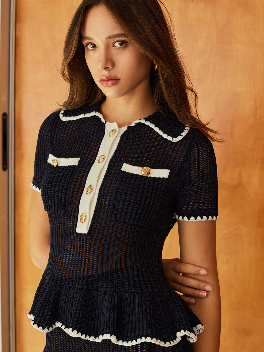 Sim-Sheer Ruffle Lapel Button Knit Top  Liora Lane Boutique Knit Tops Blue / XL 116.99